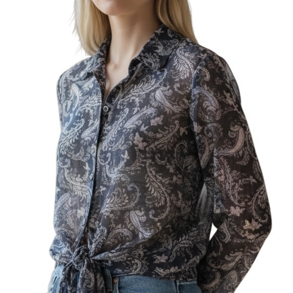 Womens Paisley Tie Front Blouse Size 14 Linen Lyocell Boho Button Up Top